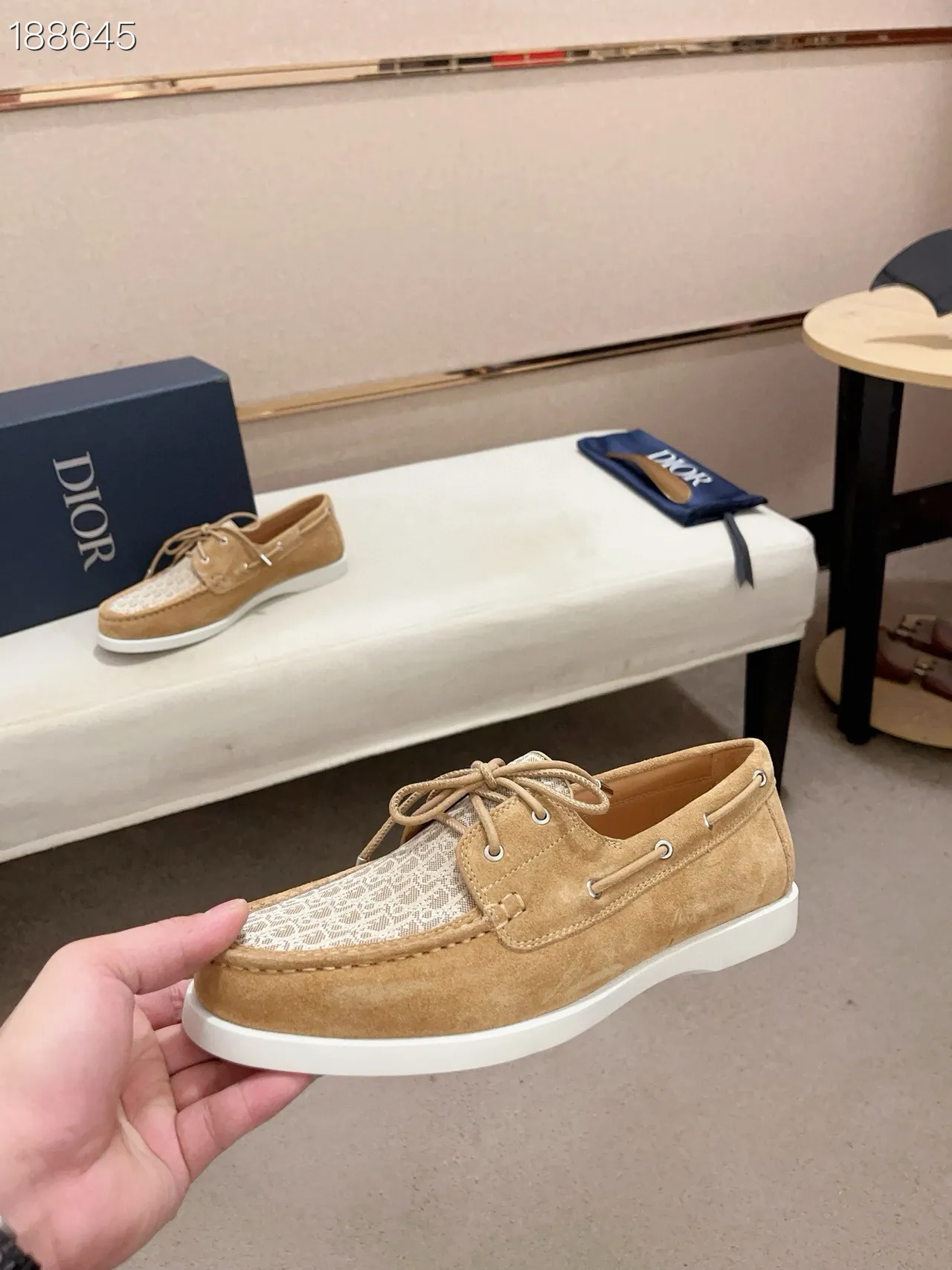 Brown Beige Suede Upper Monogrammed Toe Panel Boat Shoes 5