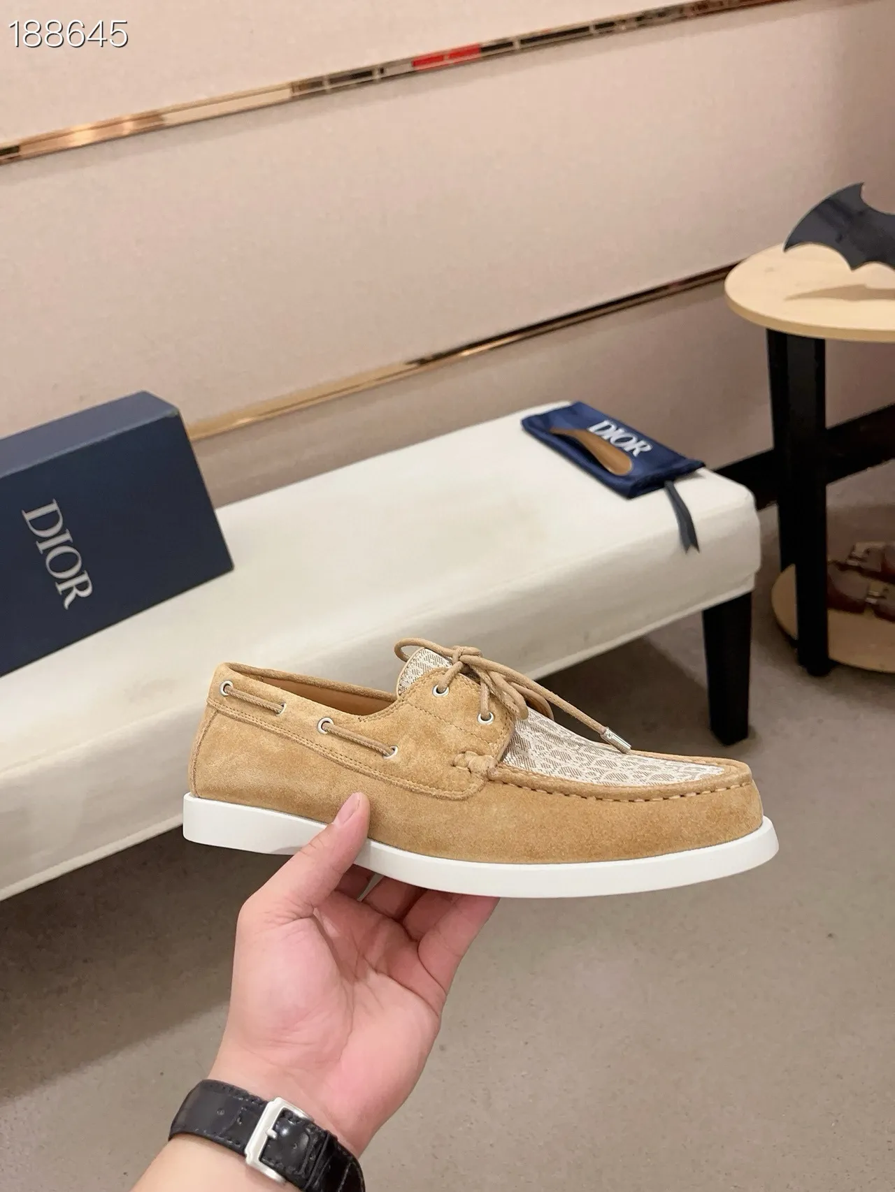 Brown Beige Suede Upper Monogrammed Toe Panel Boat Shoes 6