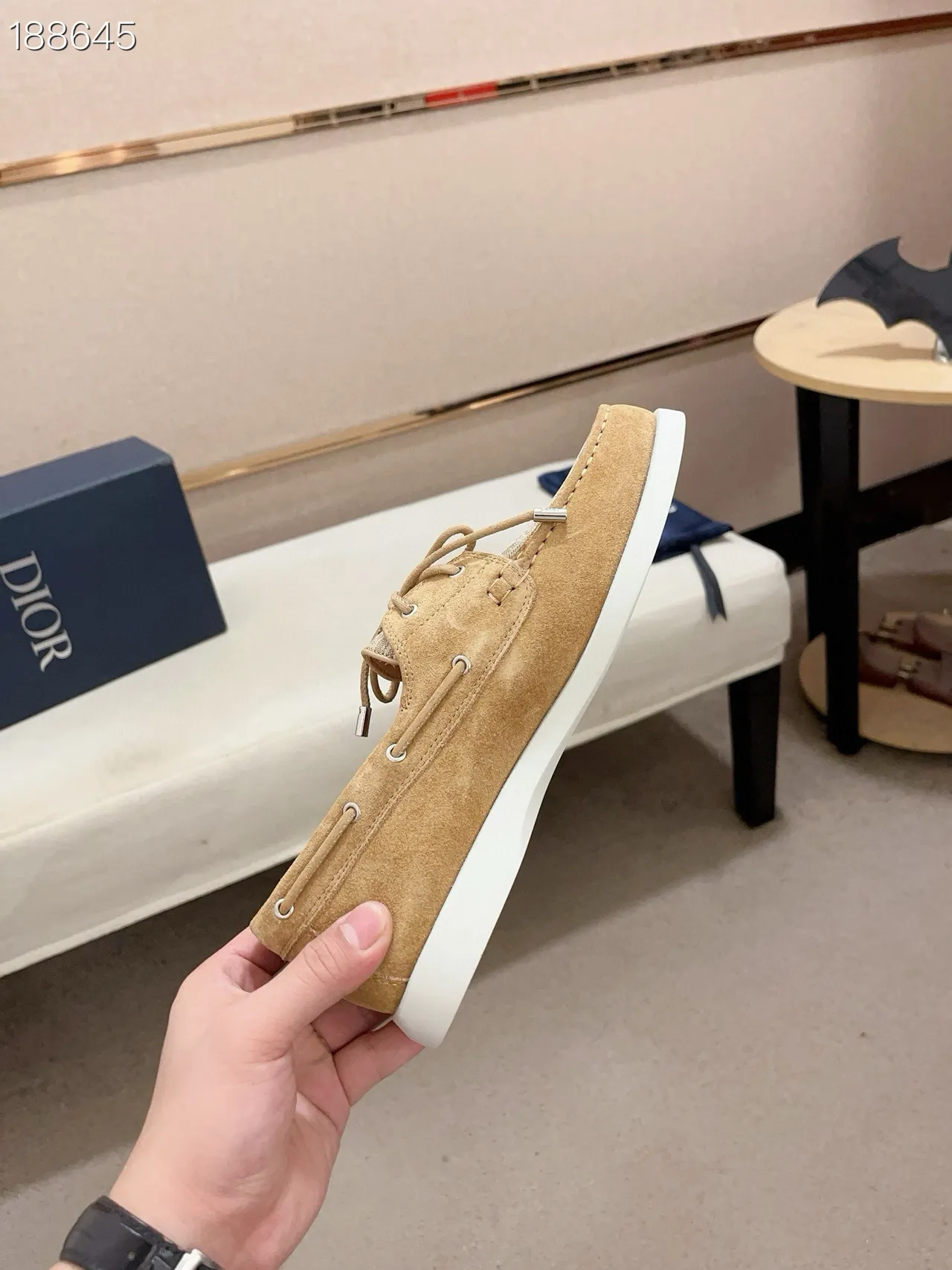 Brown Beige Suede Upper Monogrammed Toe Panel Boat Shoes 7