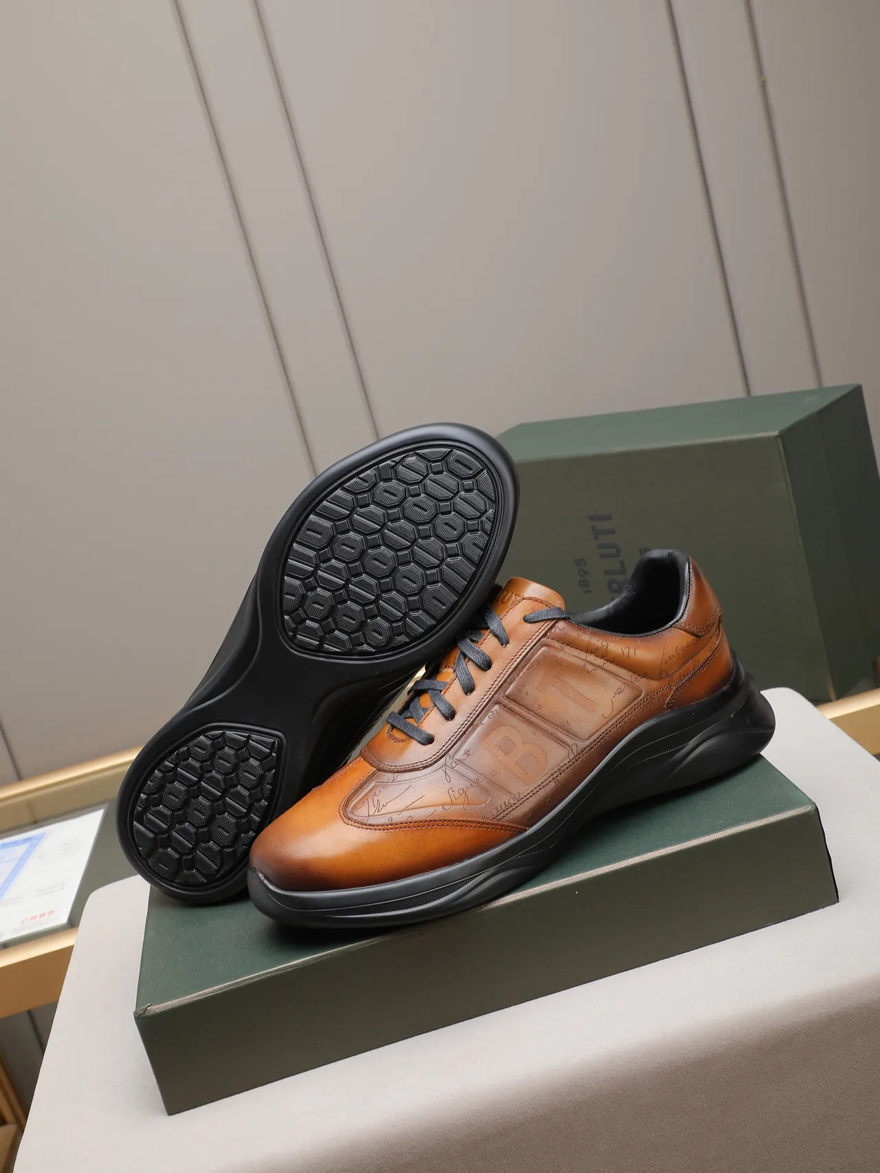 Brown Leather Embossed Script Lifestyle Sneaker 4