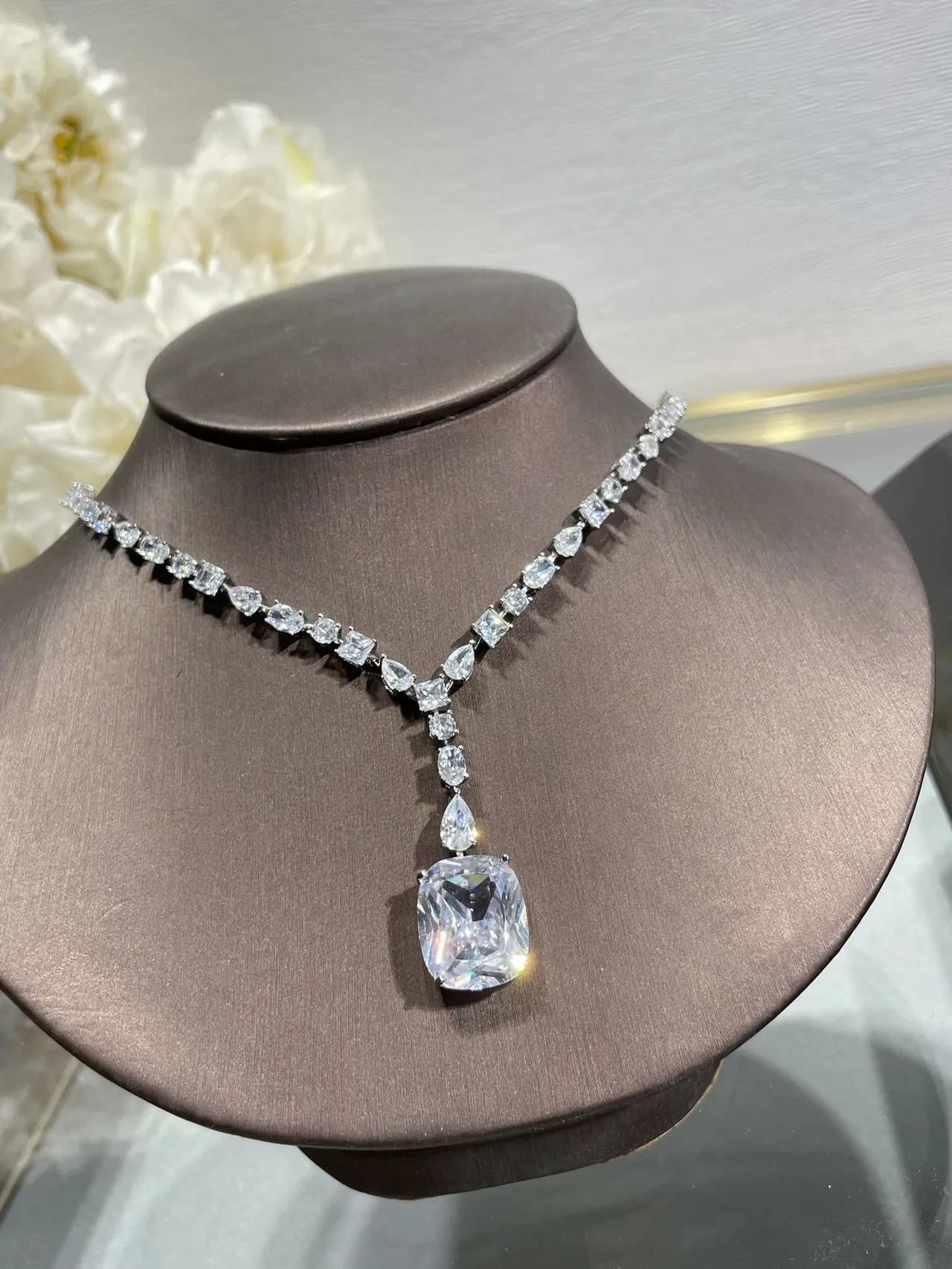 Channel-Set Alternating Baguette and Round-Cut Stone Collar Necklace 2