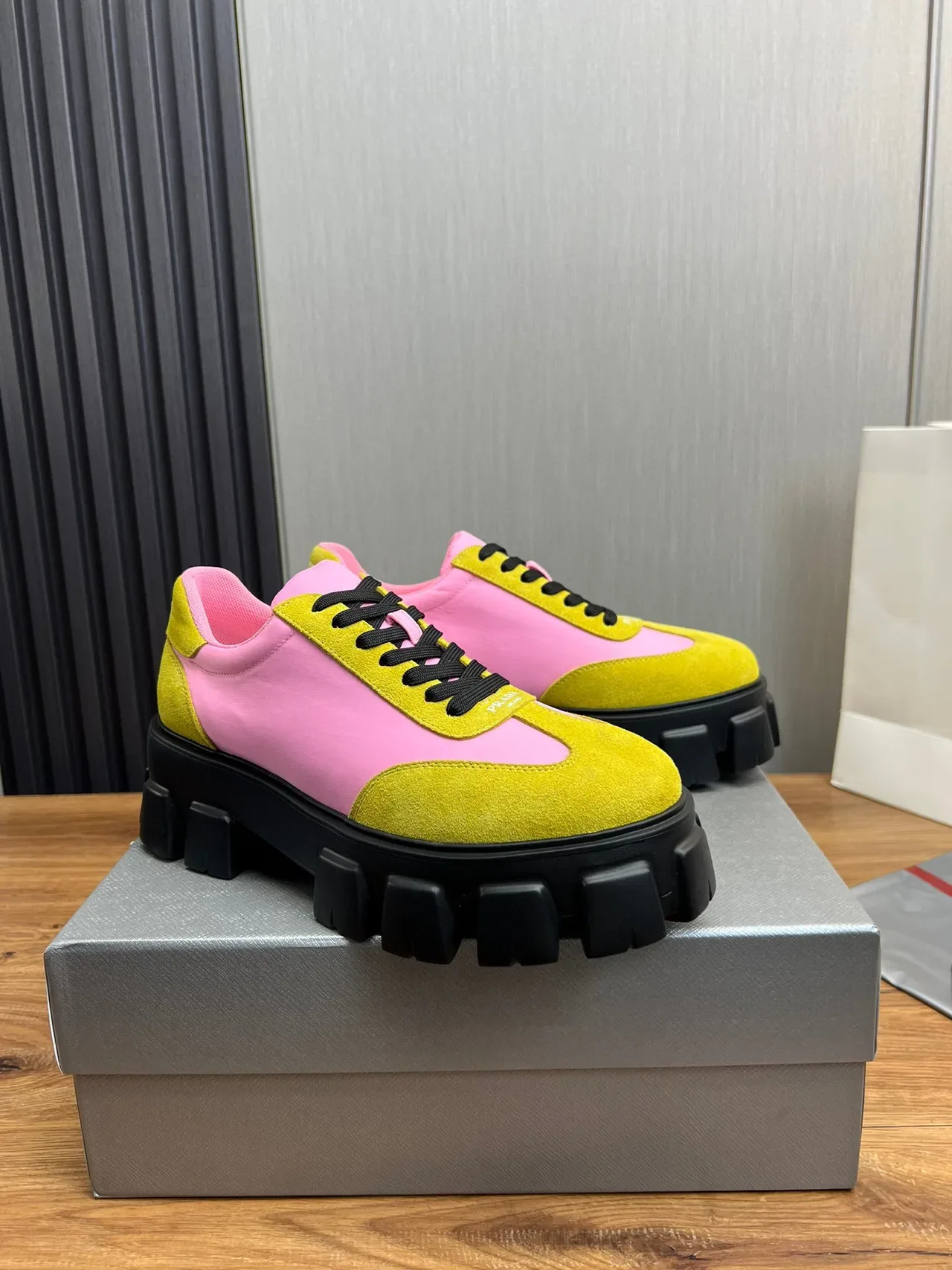 Color-Blocked Yellow and Pink Suede Chunky Sneaker 3