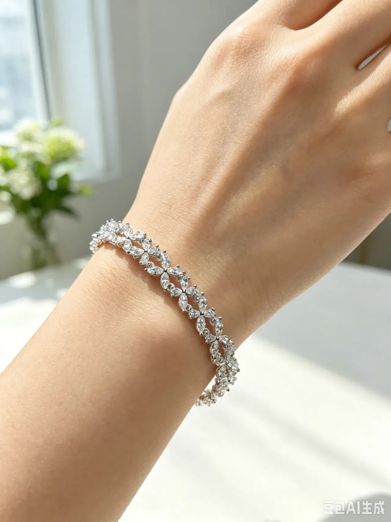 Braceletes com Motivo Floral Encrustado em Cristal e Acabamento Prateado 3