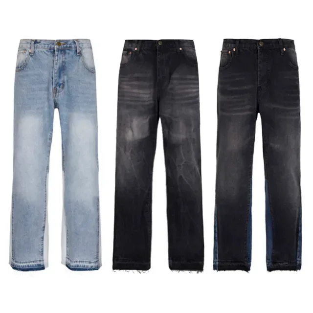 Jeans Lavage Foncé Jambe Large Panneau Contrastant 5