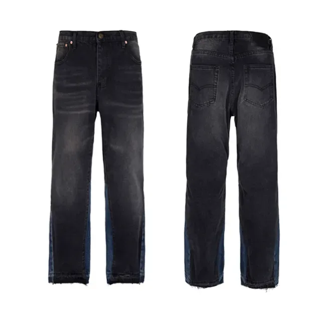 Jeans Lavage Foncé Jambe Large Panneau Contrastant 6