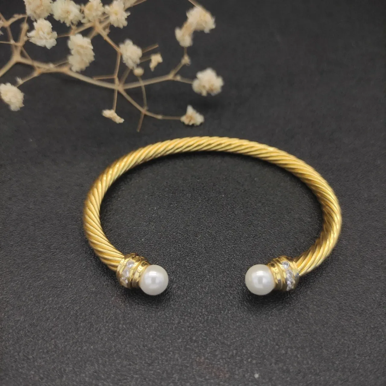 David Yurman Cable Classics Gold White Twisted Pearl-End Bracelet 7