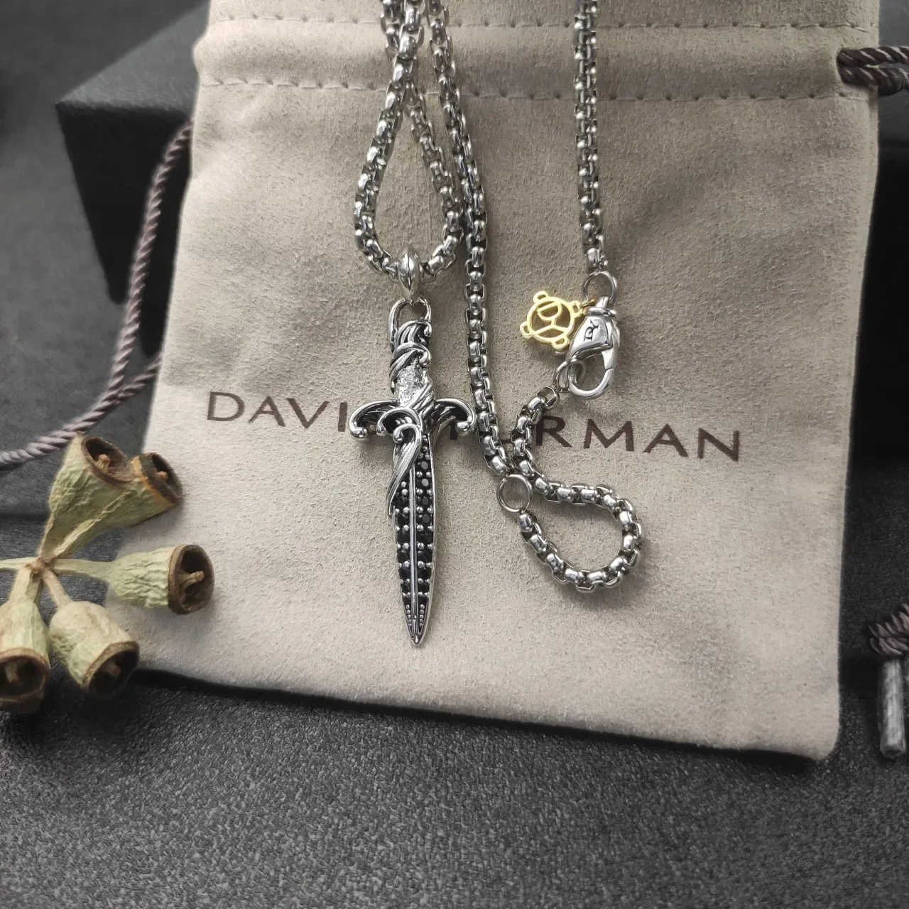 David Yurman Dagger Silver Black Pendant Pavé Stones Necklace 8