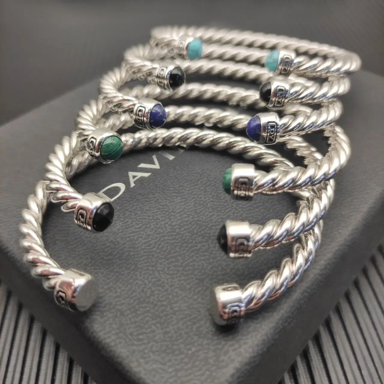 David Yurman Silver Green Twisted Cable Malachite End Caps Bracelet 3