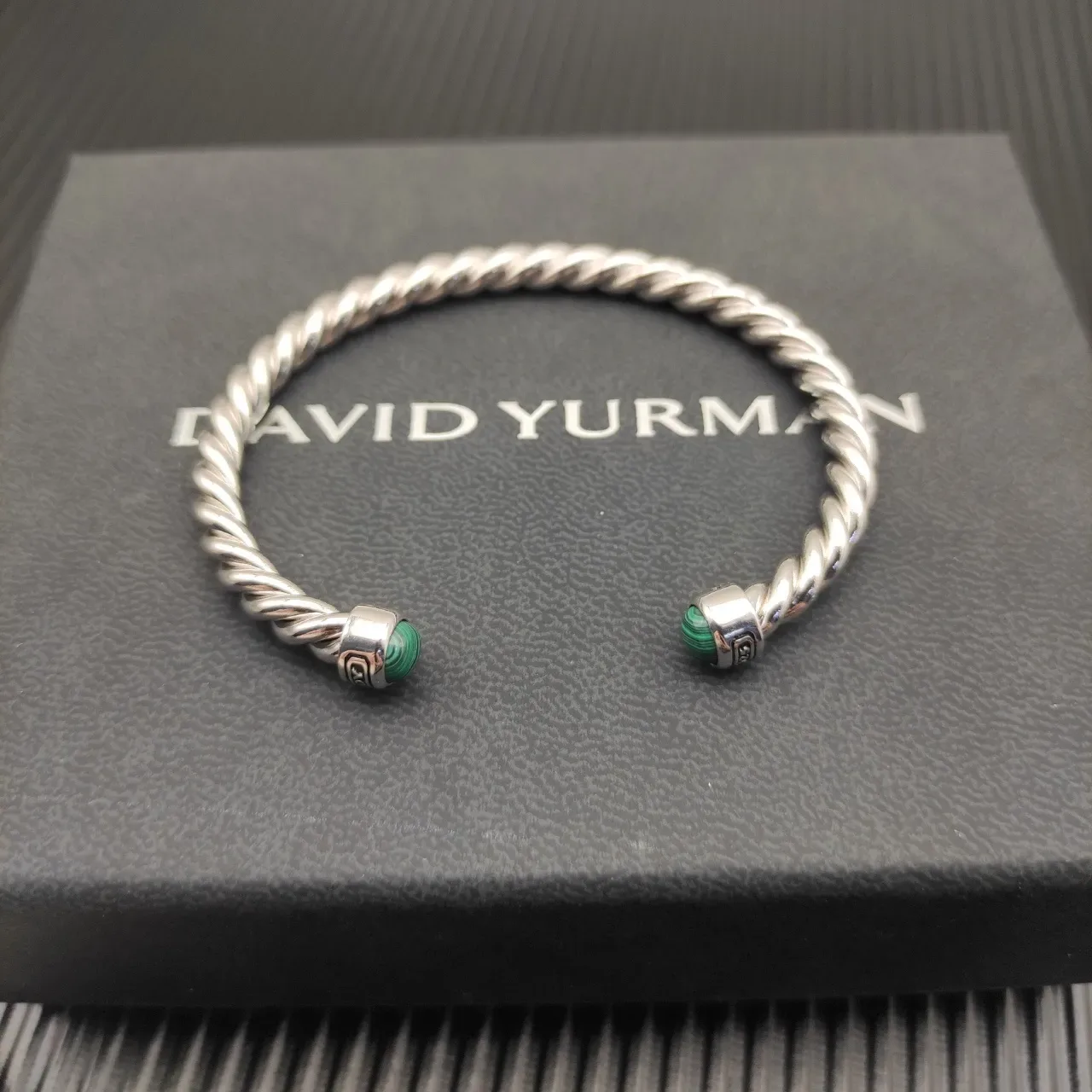 David Yurman Silver Green Twisted Cable Malachite End Caps Bracelet 4