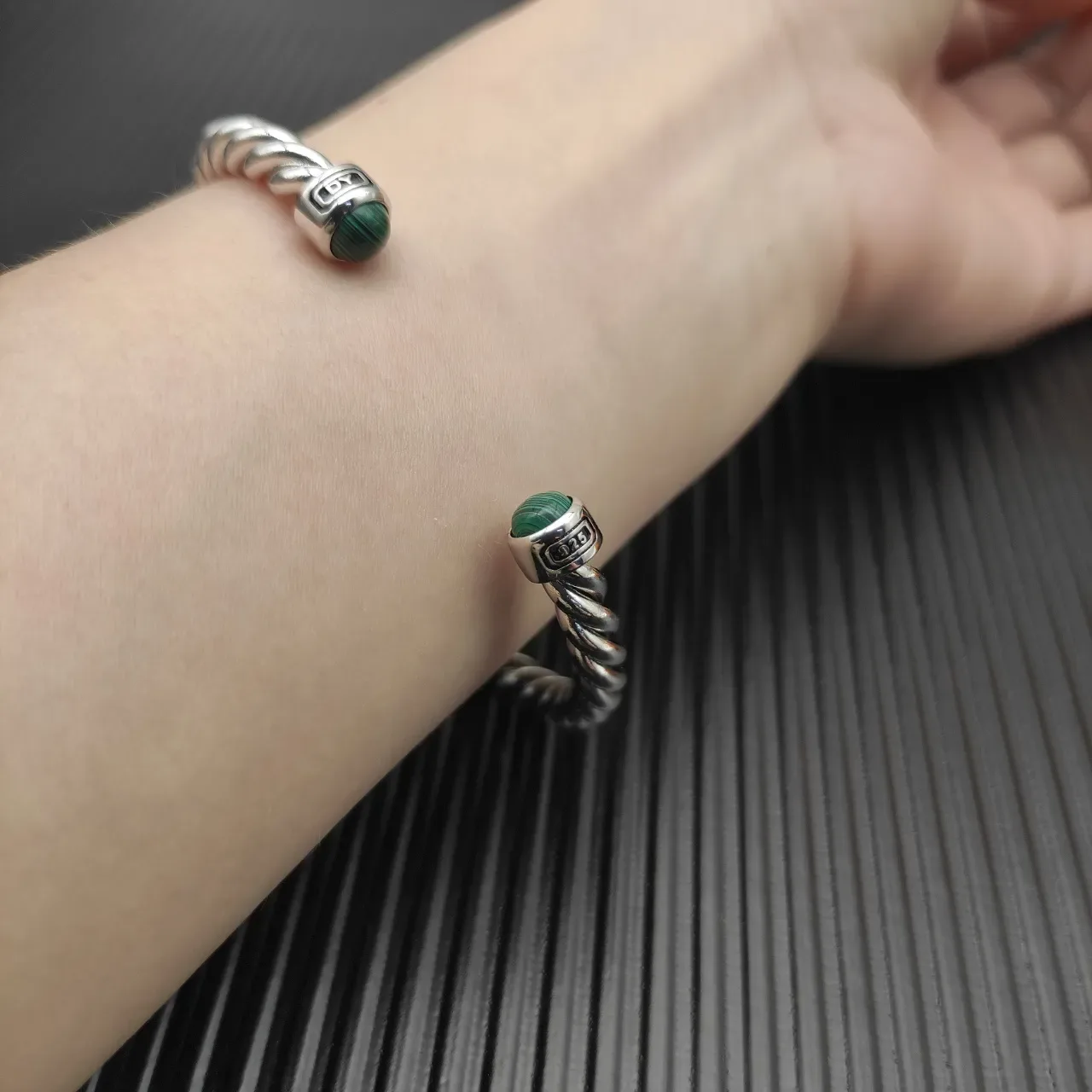 David Yurman Silver Green Twisted Cable Malachite End Caps Bracelet 5