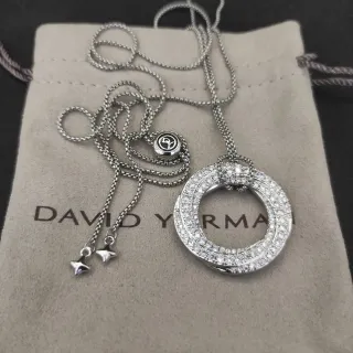 David Yurman Argent Pave-Set Pendentif Double Cercle Chaîne Câble Collier