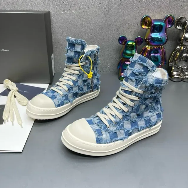 Denim Patchwork Frayed High-Top Lifestyle Sneakers 3