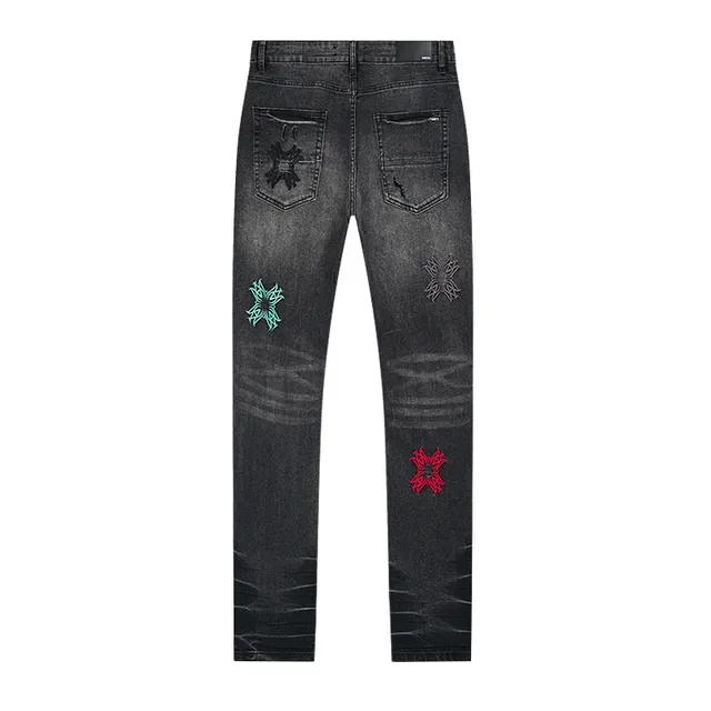 Distressed Embroidered Dark Wash Slim-Fit Jeans 3