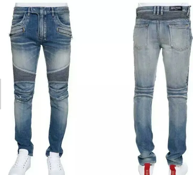 Distressed Motorcycle-Style Slim-Fit Blue Jeans 2