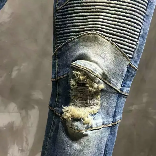 Distressed Motorcycle-Style Slim-Fit Blue Jeans 6