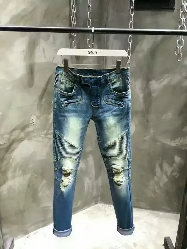 Distressed Motorcycle-Style Slim-Fit Blue Jeans 9