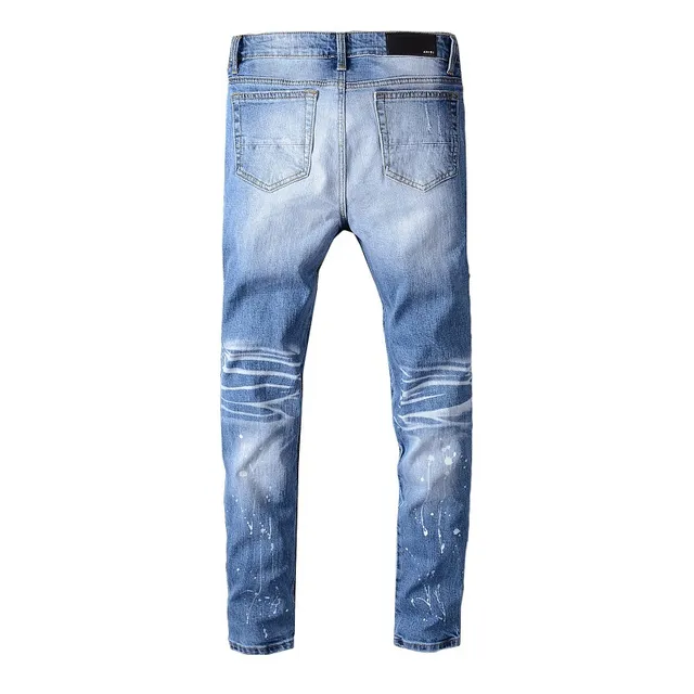 Distressed Paint-Splattered Patchwork Slim-Fit Blue Jeans 7