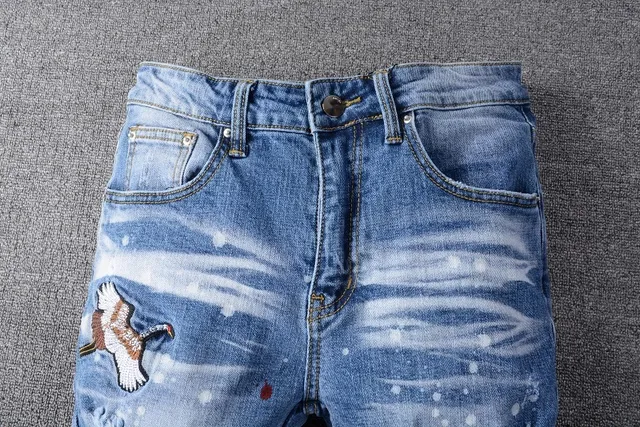 Distressed Paint-Splattered Patchwork Slim-Fit Blue Jeans 14
