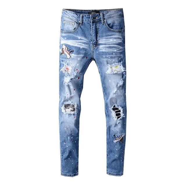 Distressed Paint-Splattered Patchwork Slim-Fit Blue Jeans 15