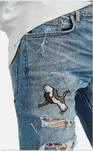 Distressed Paint-Splattered Patchwork Slim-Fit Blue Jeans 18