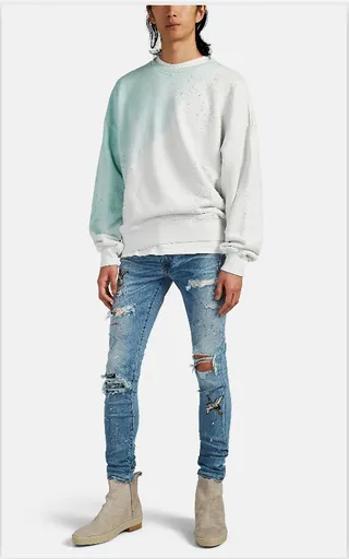Distressed Paint-Splattered Patchwork Slim-Fit Blue Jeans 19