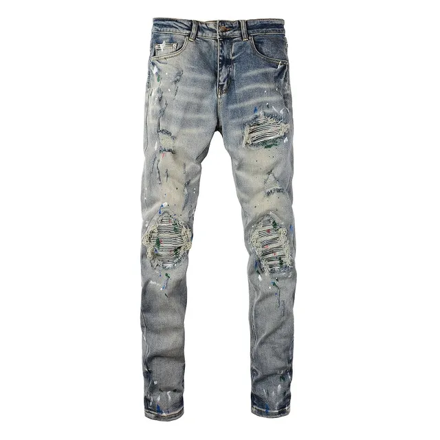 Distressed Paint-Splattered Slim-Fit Light Wash Jeans 4