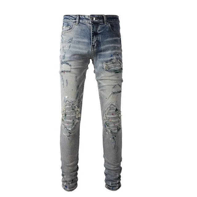 Distressed Paint-Splattered Slim-Fit Light Wash Jeans 7