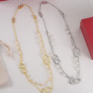 Dual-Layer Pearl and V-Charmed Chain Necklaces