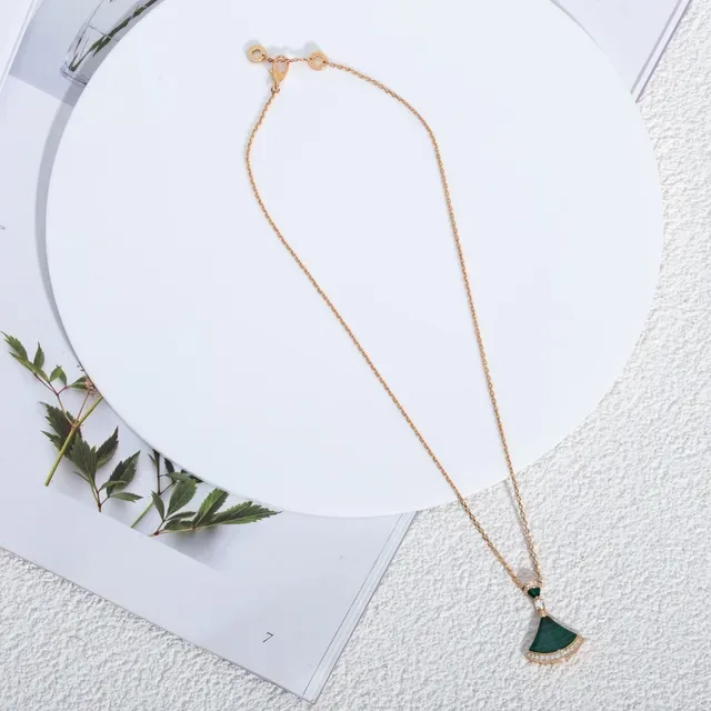 Fan-Shaped Malachite and Pavé Stone Gold-Tone Necklace 2