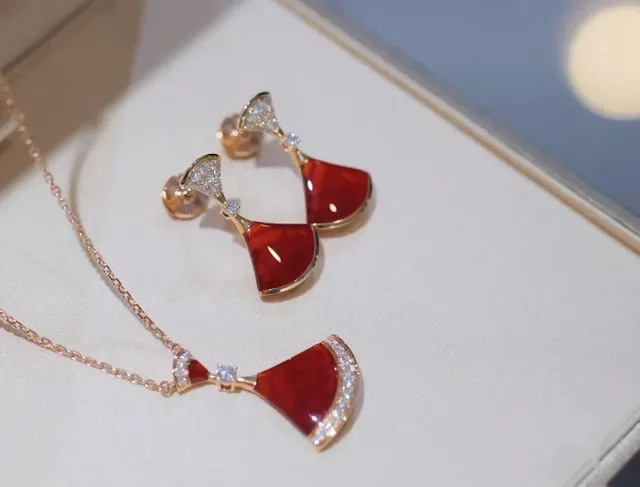 Fan-Shaped Red Stone and Pavé Diamond Earrings 5