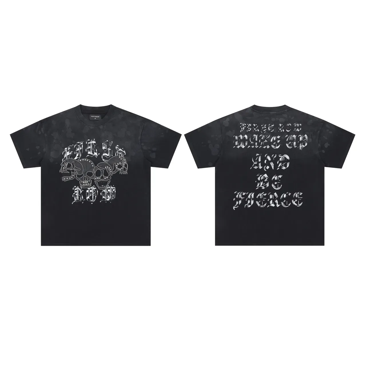 FIRST ROW Bleach-Wash Black Graphic Skull Print T-Shirt 2