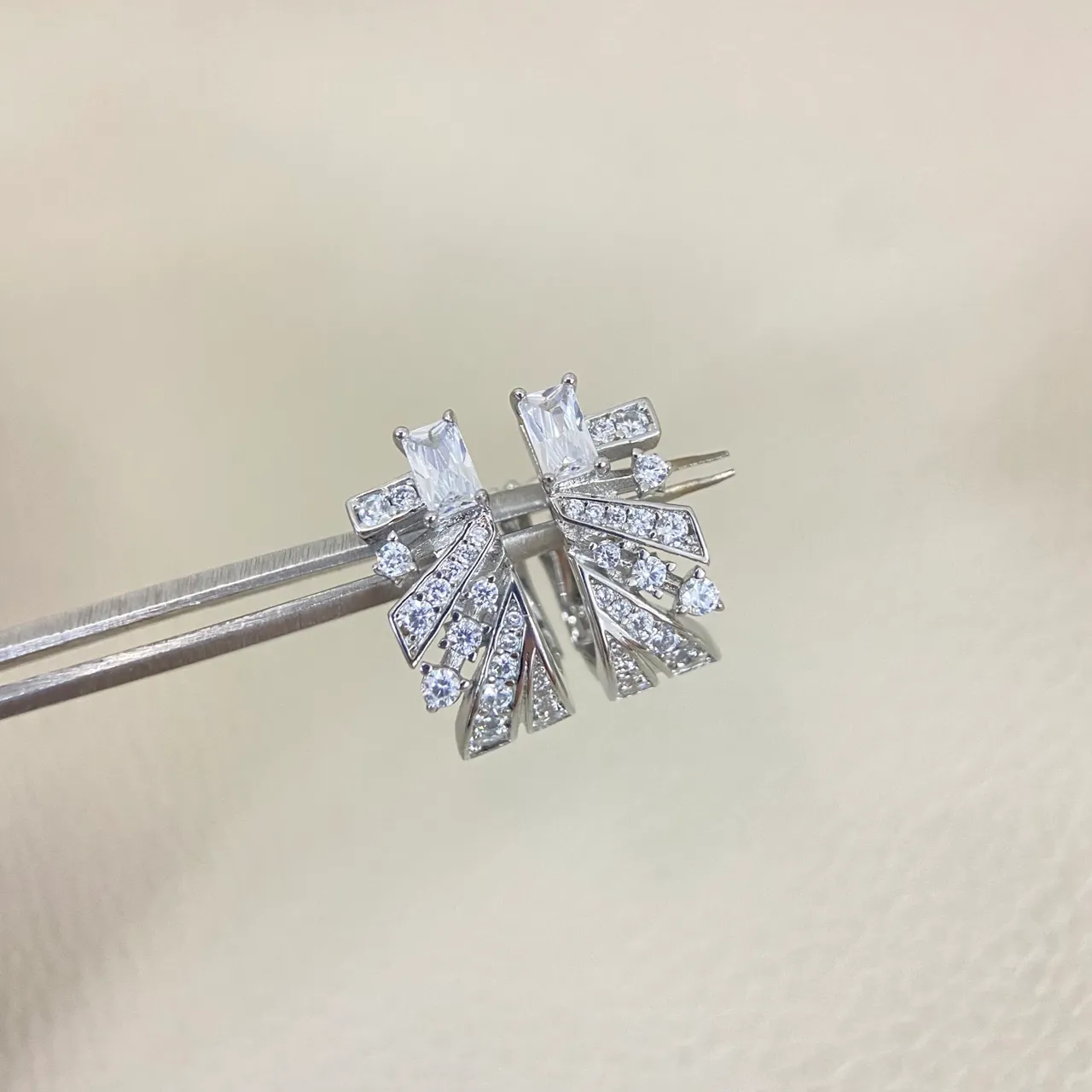 Geometric Fan Motif Baguette and Round Crystal Stud Earrings 4