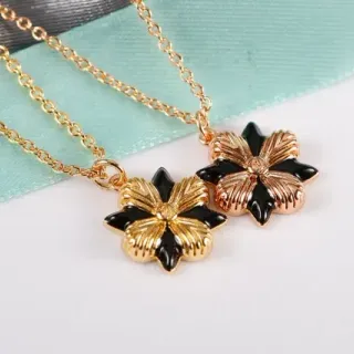 Collier Chaîne Or Noir Florale Emaillée