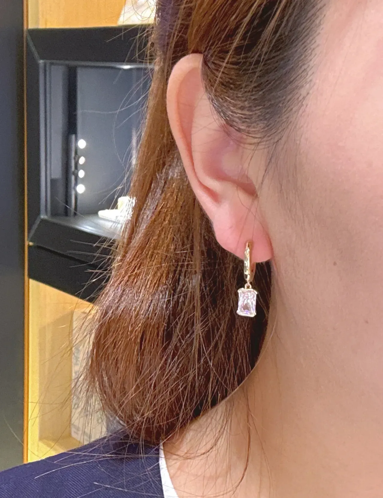 Gold Navy Hoop Dangling Rectangular Clear Stones Earrings 2