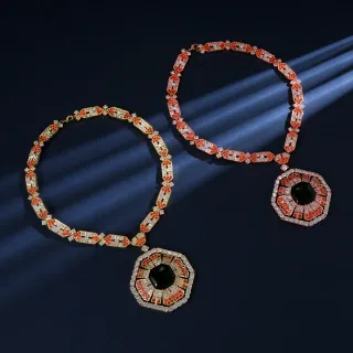 Collier Chaîne à Maillons Géométriques Or Orange Pierres Pavé-Set