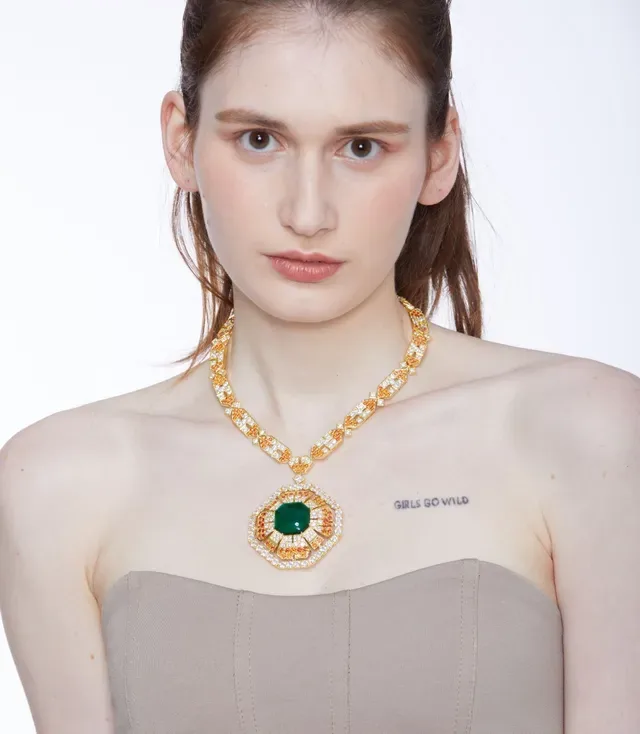 Collier Chaîne à Maillons Géométriques Or Orange Pierres Pavé-Set 5