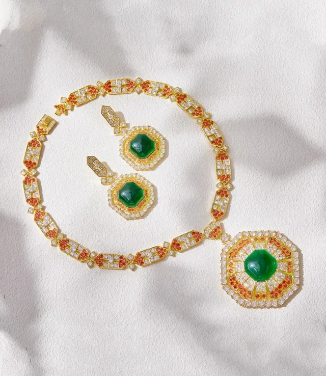 Collier Chaîne à Maillons Géométriques Or Orange Pierres Pavé-Set 6
