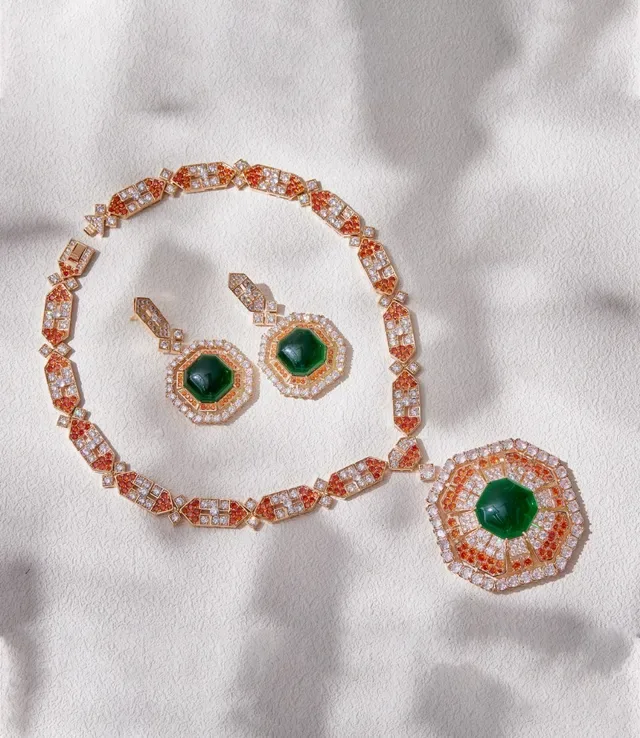 Collier Chaîne à Maillons Géométriques Or Orange Pierres Pavé-Set 7