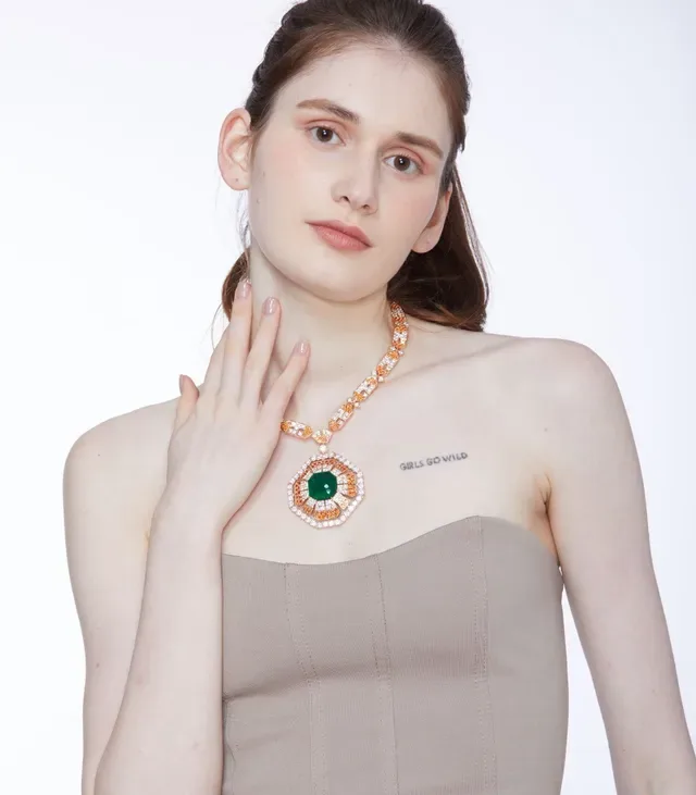 Collier Chaîne à Maillons Géométriques Or Orange Pierres Pavé-Set 8