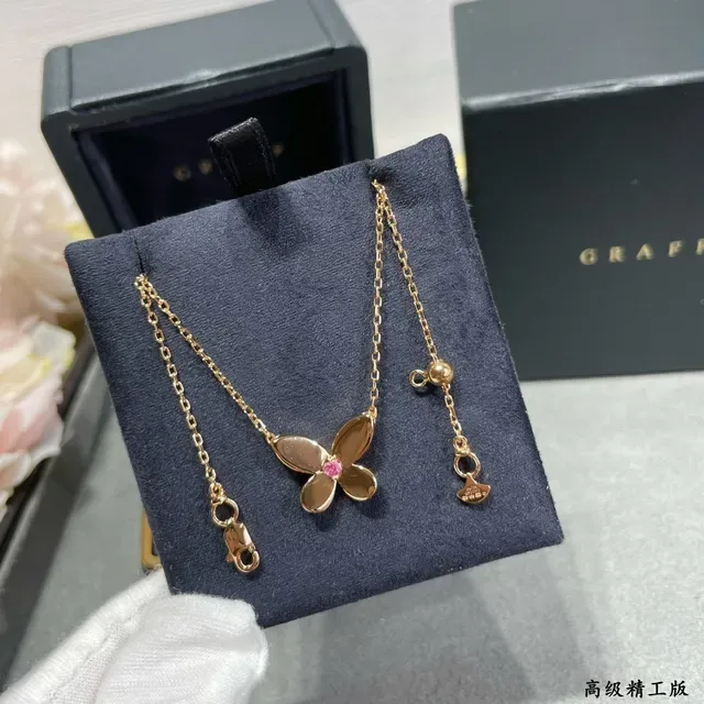 Gold Pink Four-Petal Flower Pendant Necklace 4