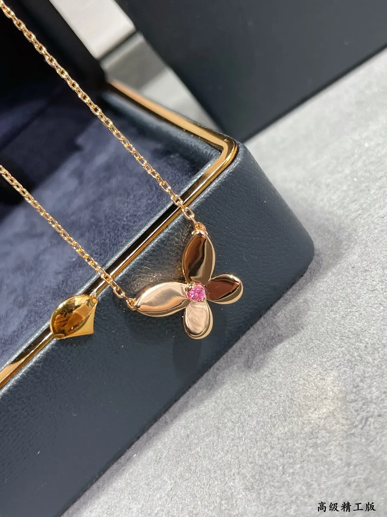 Gold Pink Four-Petal Flower Pendant Necklace 8