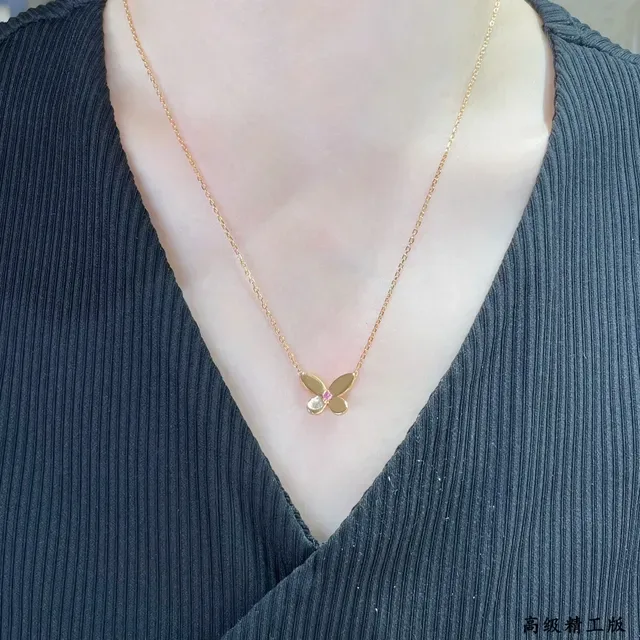 Gold Pink Four-Petal Flower Pendant Necklace 9