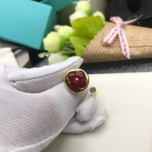 Gold Red Enamel Flower Ring 4
