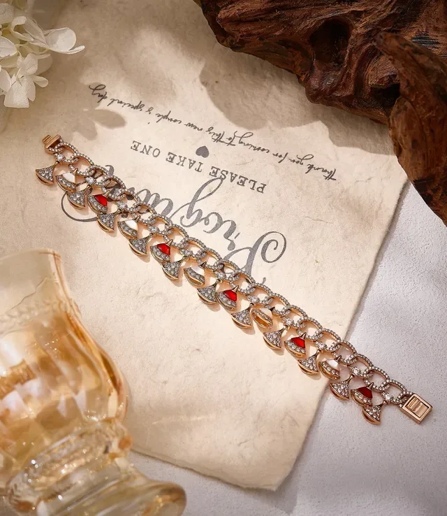 Gold Red Multi-Row Chain-Link Pavé-Set Bracelet 5