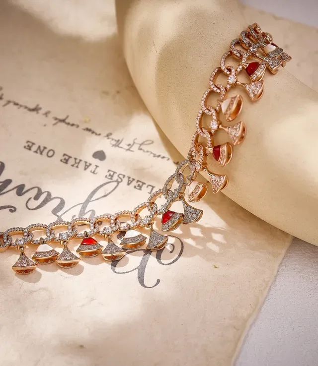Gold Red Multi-Row Chain-Link Pavé-Set Bracelet 6