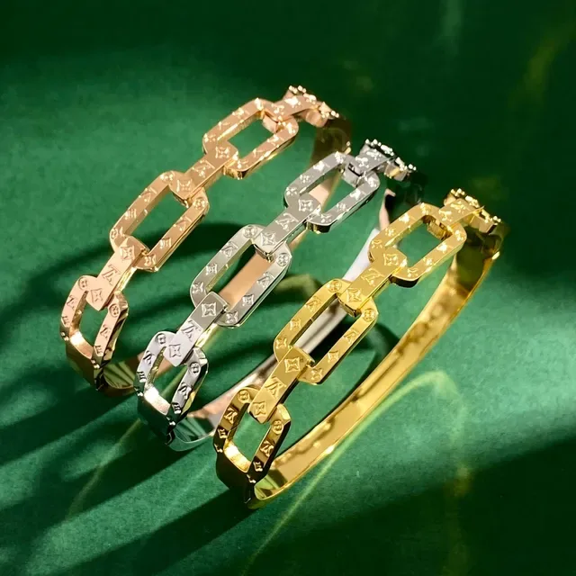 Gold Silver Chain-Link Bangle Monogram-Engraved Bracelet 6
