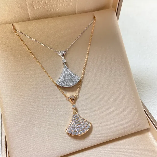 Gold Silver Fan-Shaped Pavé-Set Necklace 2
