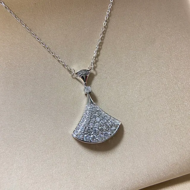 Gold Silver Fan-Shaped Pavé-Set Necklace 4
