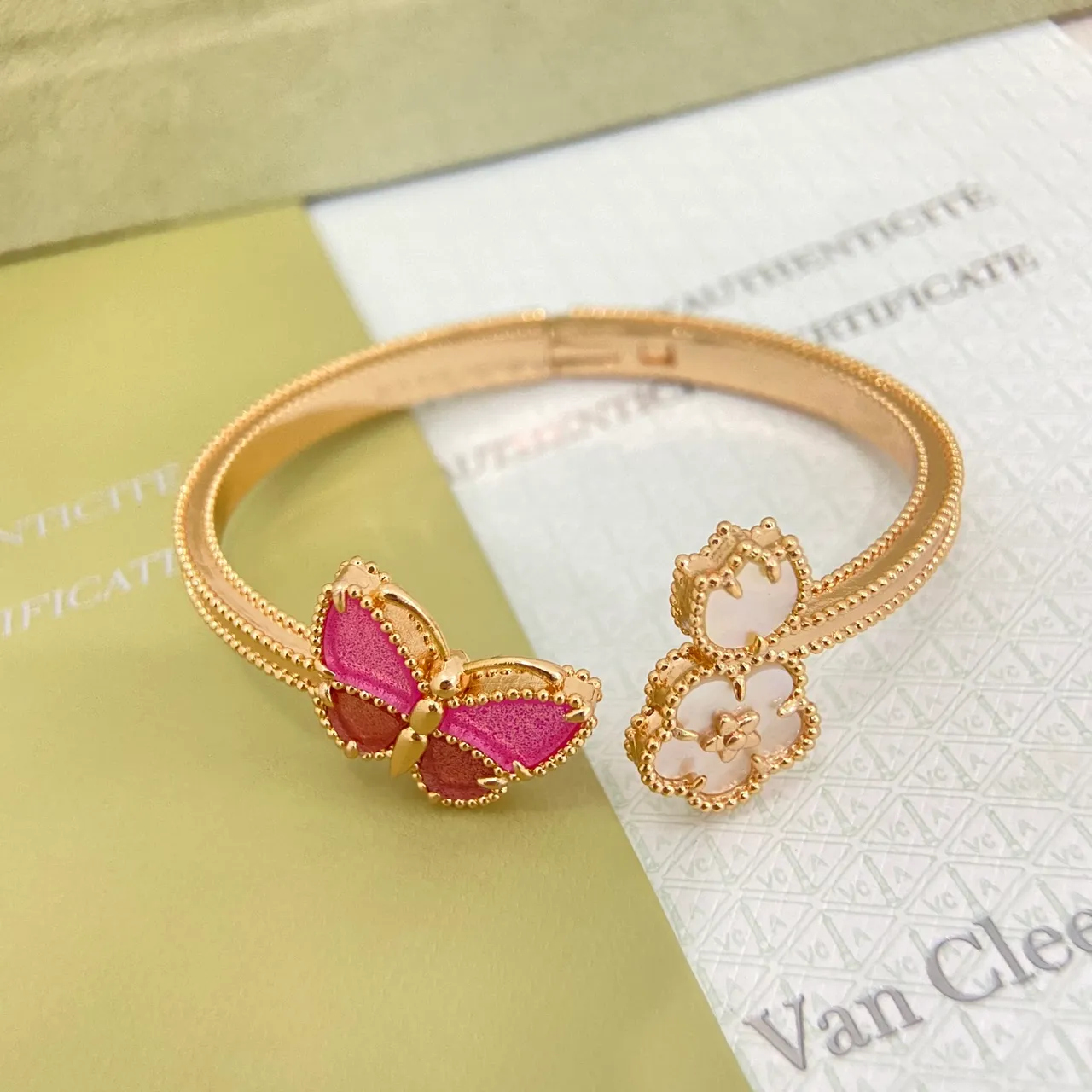 Gold-Tone Enamel Butterfly and Floral Open Bangle Rings 3