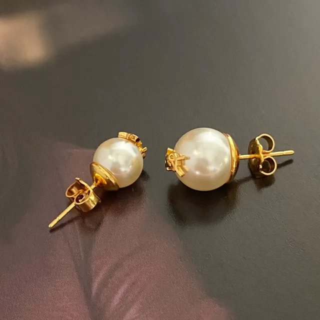 Gold-Tone Monogram Pearl Stud Earrings 5